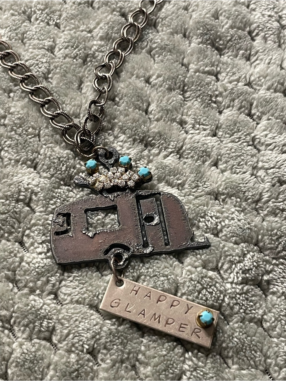 Happy Glamper Turquoise Accent Camper Necklace- handmade metal work